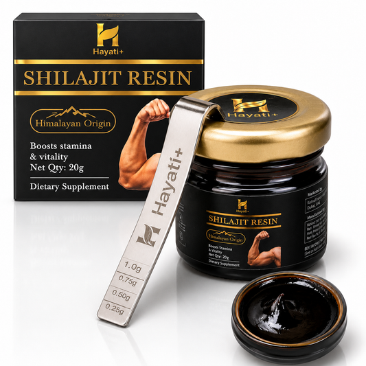 Hayati shilajit, shilajit resin 20g, shilajit dietary supplement with measuring spoon