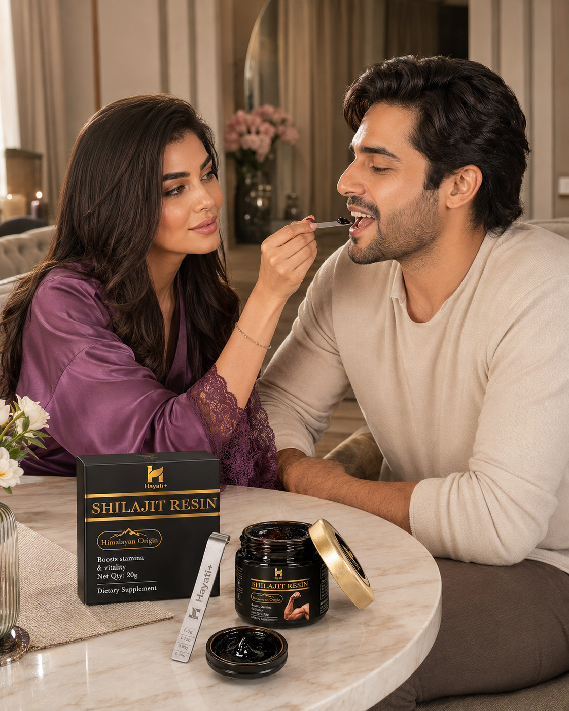 Hayati shilajit, shilajit resin 20g, shilajit dietary supplement with measuring spoon