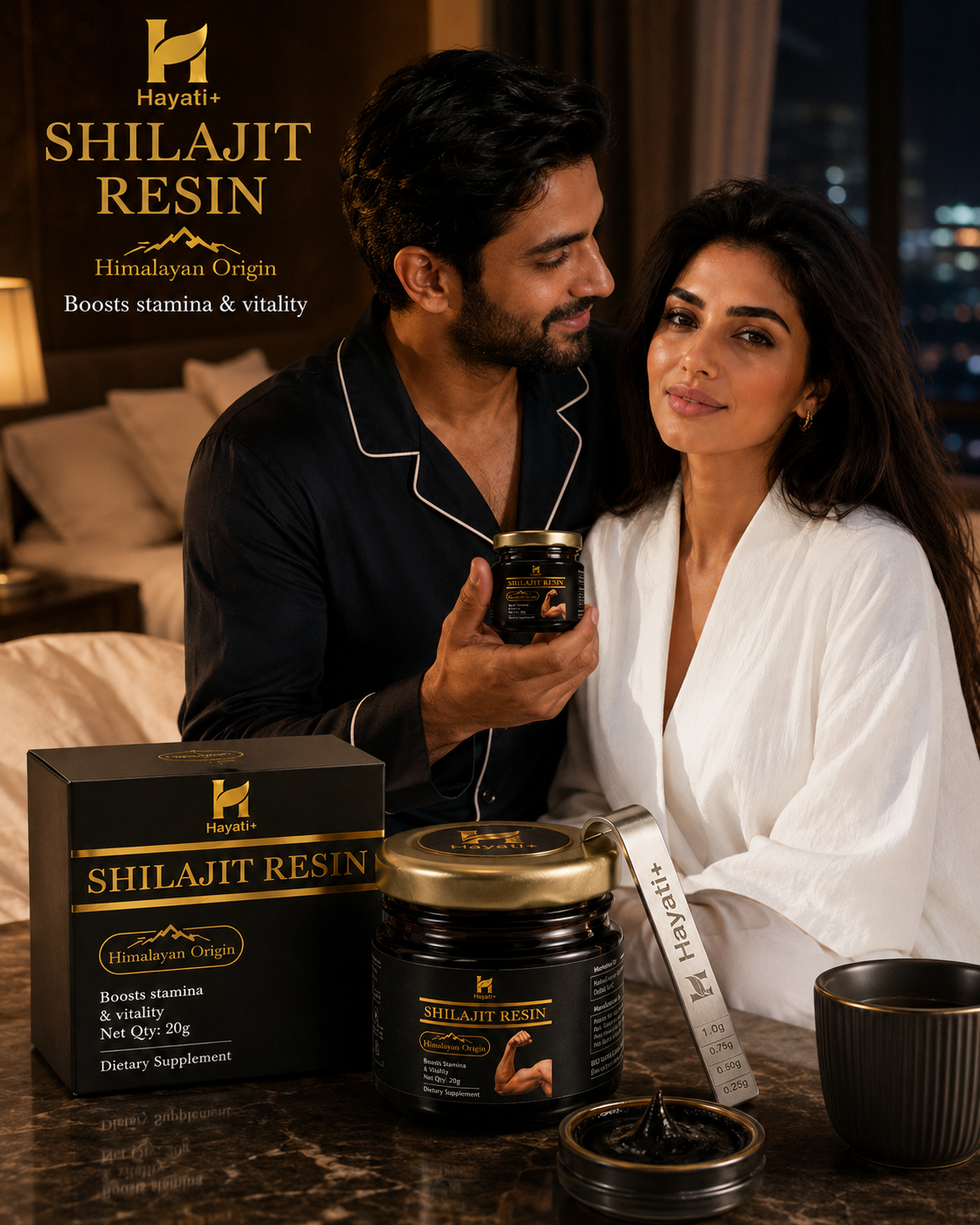 Hayati shilajit, shilajit resin 20g, shilajit dietary supplement with measuring spoon